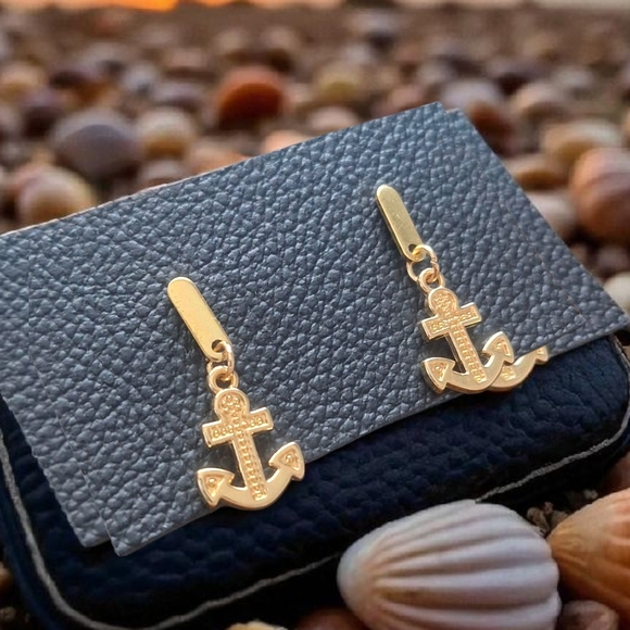 Gold Anchor Drop Earrings 18k Plated - Picture 2 of 6